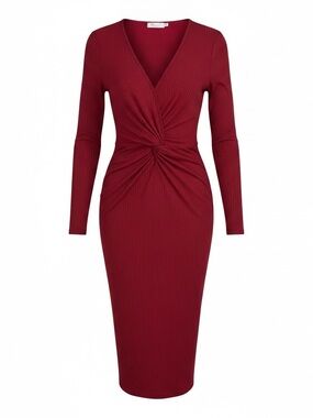Shibever Ribbed Twist-Knot bodycon Long Sleeve Dress in Deep Red women’s M